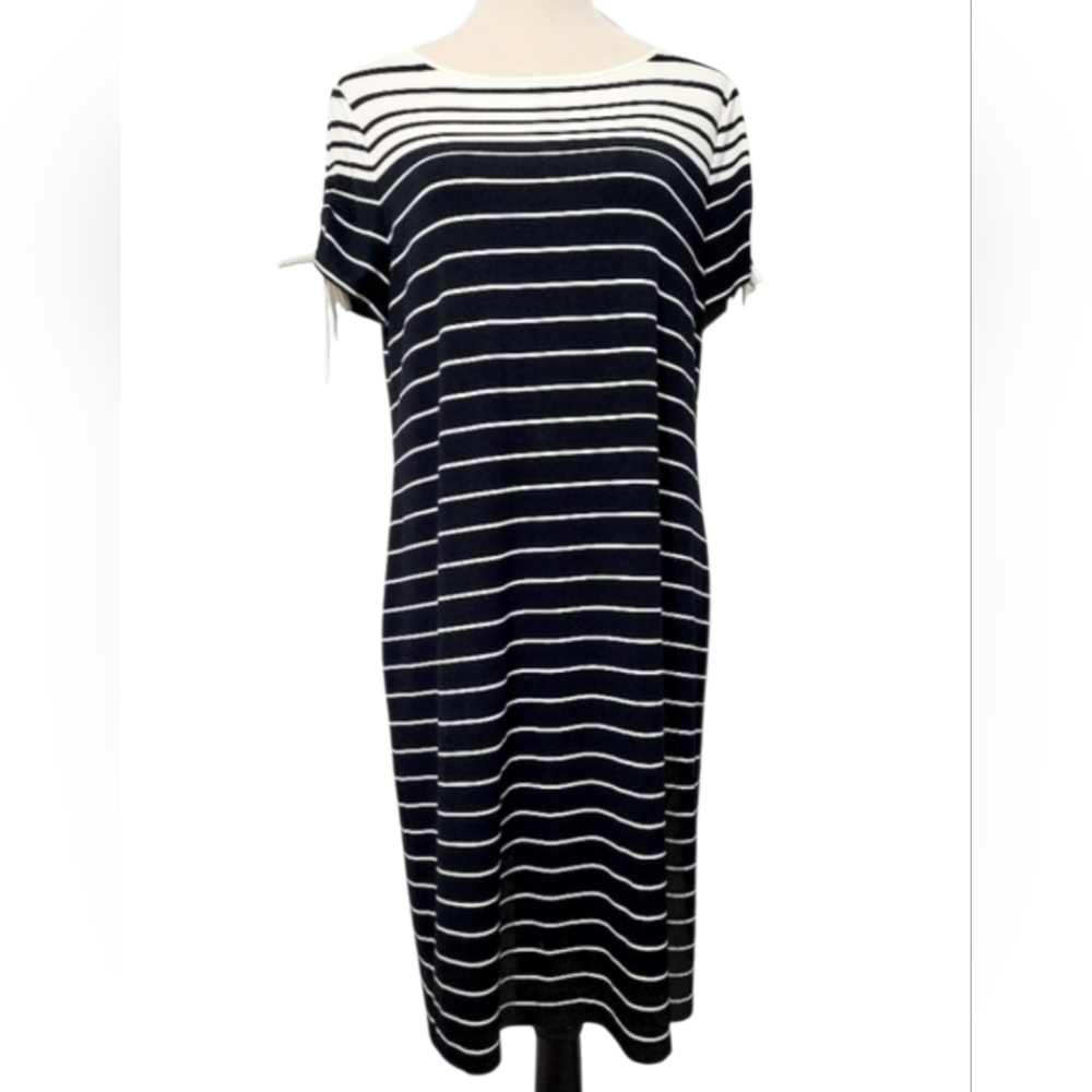Chico's Black & White Striped Tie Sleeve T-Shirt Shift Dress Size Medium - Picture 2 of 10